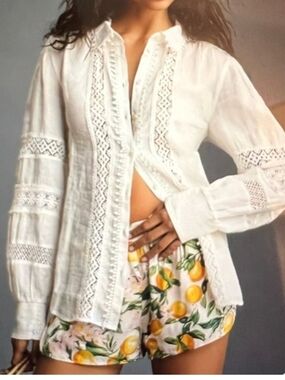 Women's White Crochet Style Lace-Panel Button-Down Shirt Sz M